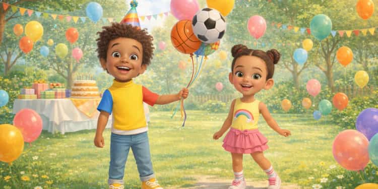 Double page d'un livre Fabolia : Leo et Lea, ballons à la main, dans un jardin décoré pour une fête
