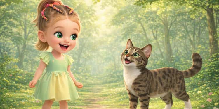Double page en cours de relecture : une enfant et son chat sur un sentier de forêt baigné de lumière