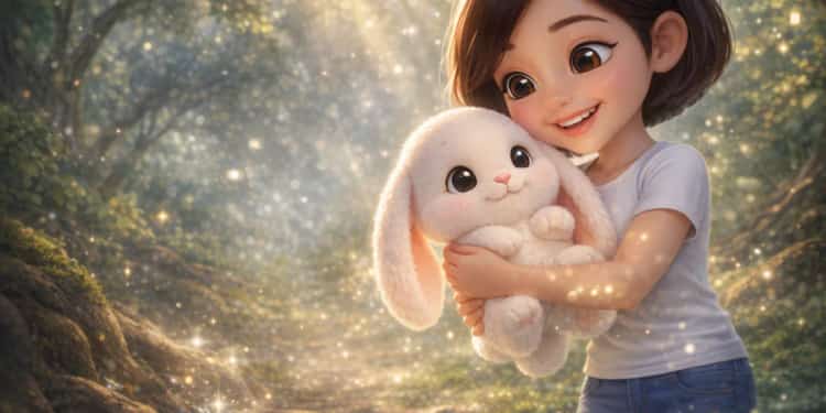 Double page d'un livre Fabolia : Jade serre contre elle son lapin en peluche, dans une lumière dorée