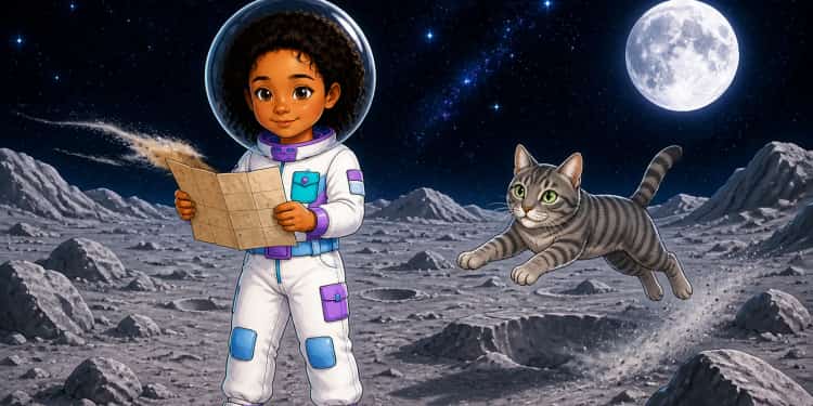 Double page : Inès et son chat Filou explorent la Lune