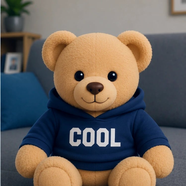 Le même ours en peluche transformé en personnage illustré, dans la même pose et le même décor
