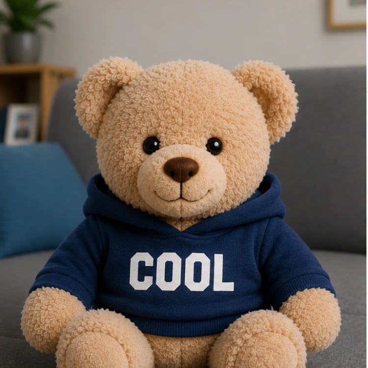 Photo d'un ours en peluche portant un sweat à capuche marine, assis sur un canapé