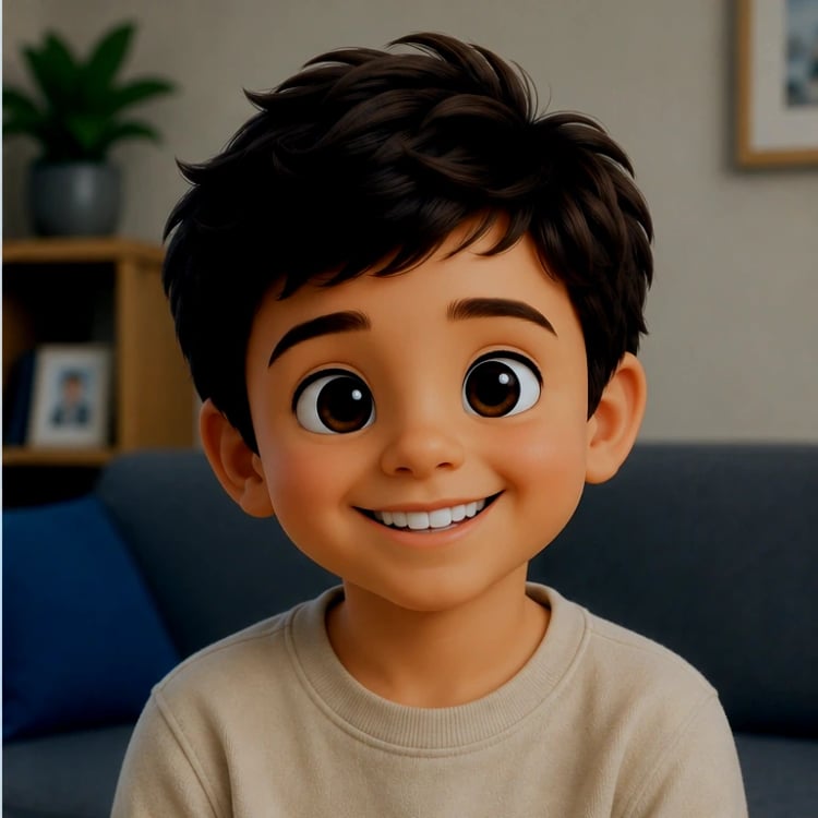 Le même garçon transformé en personnage illustré, dans la même pose et le même décor