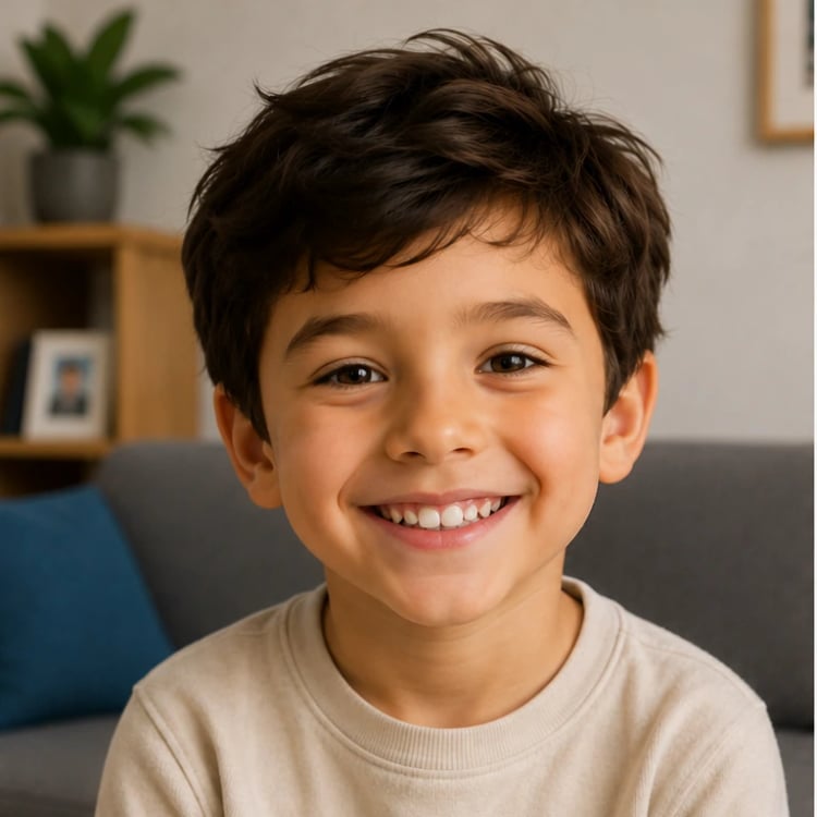 Photo d'un garçon souriant en sweat crème, assis sur un canapé