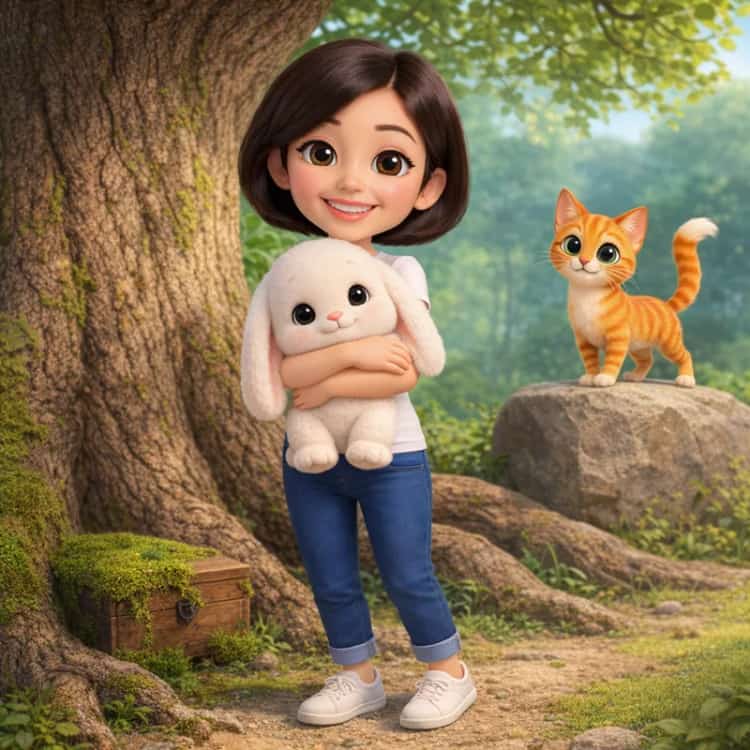 Album Fabolia à couverture souple : une enfant et son chat dans une forêt lumineuse