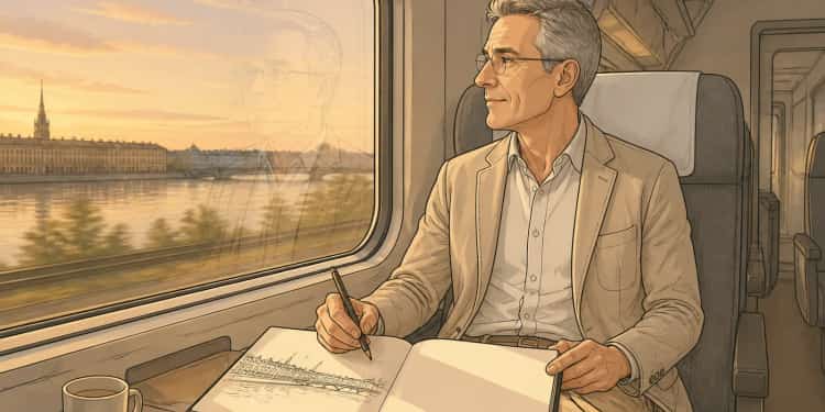 Double page de « Le nouveau chapitre de Marc » : Marc écrit dans son carnet, à la fenêtre d'un train